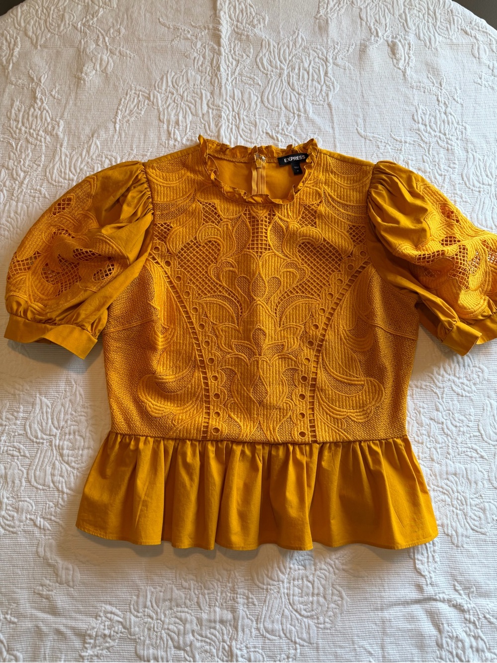 Express Mustard Lace Puff Sleeve Peplum Blouse